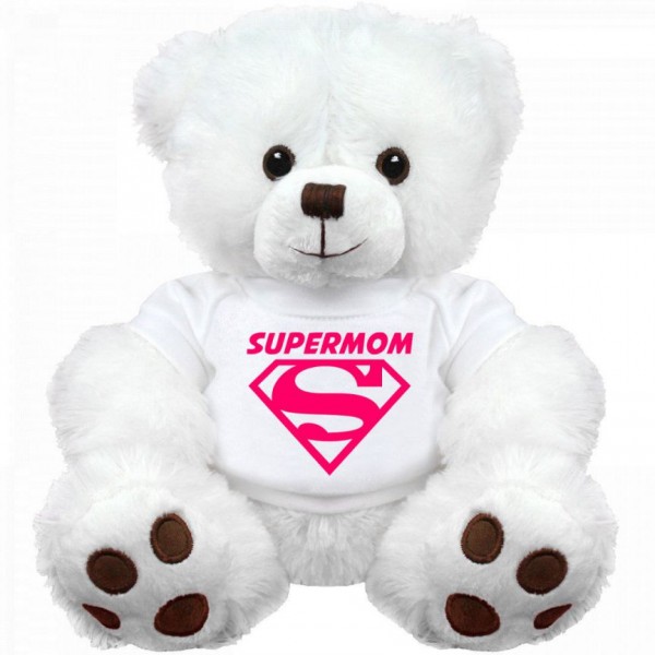18 Inch White Teddy Bear wearing SUPERMOM Tshirt Plush Soft Toy